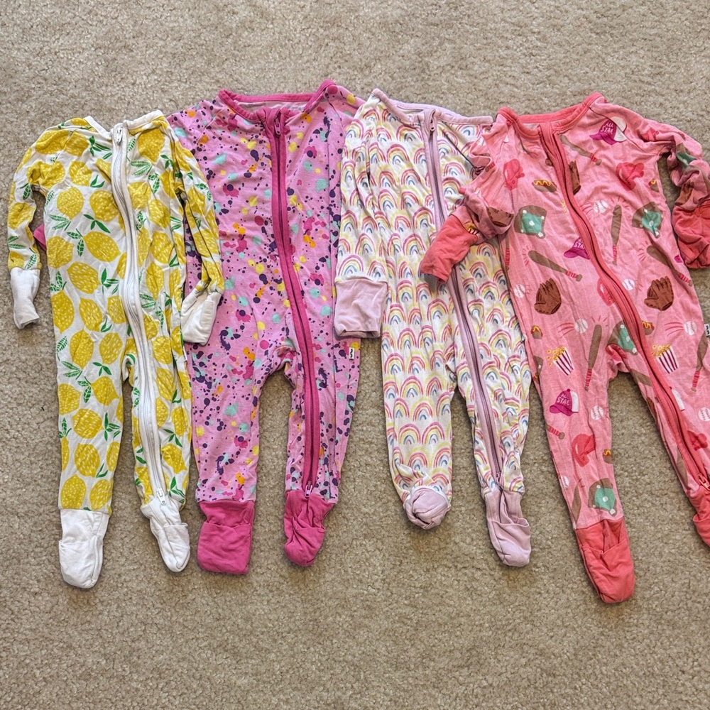 Little Sleepies Lemon, Pink, baseball, and Rainbow bamboo Footies 0-3 months